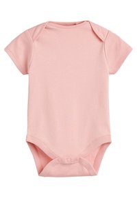 Light pink short-sleeve bodysuit made of soft cotton, featuring a rounded neckline and snap closures at the bottom for easy dressing.