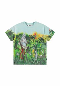 Lyseblå bomulds t-shirt med korte ærmer, der prydes af en livlig junglescene med grønne planter, en papegøje og tegneserieagtige rumvæsener.