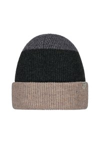 Knit beanie hat with a dark green and grey top, beige ribbed cuff, soft texture, and a small label on the side.