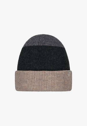 Knit beanie hat with a dark green and grey top, beige ribbed cuff, soft texture, and a small label on the side.