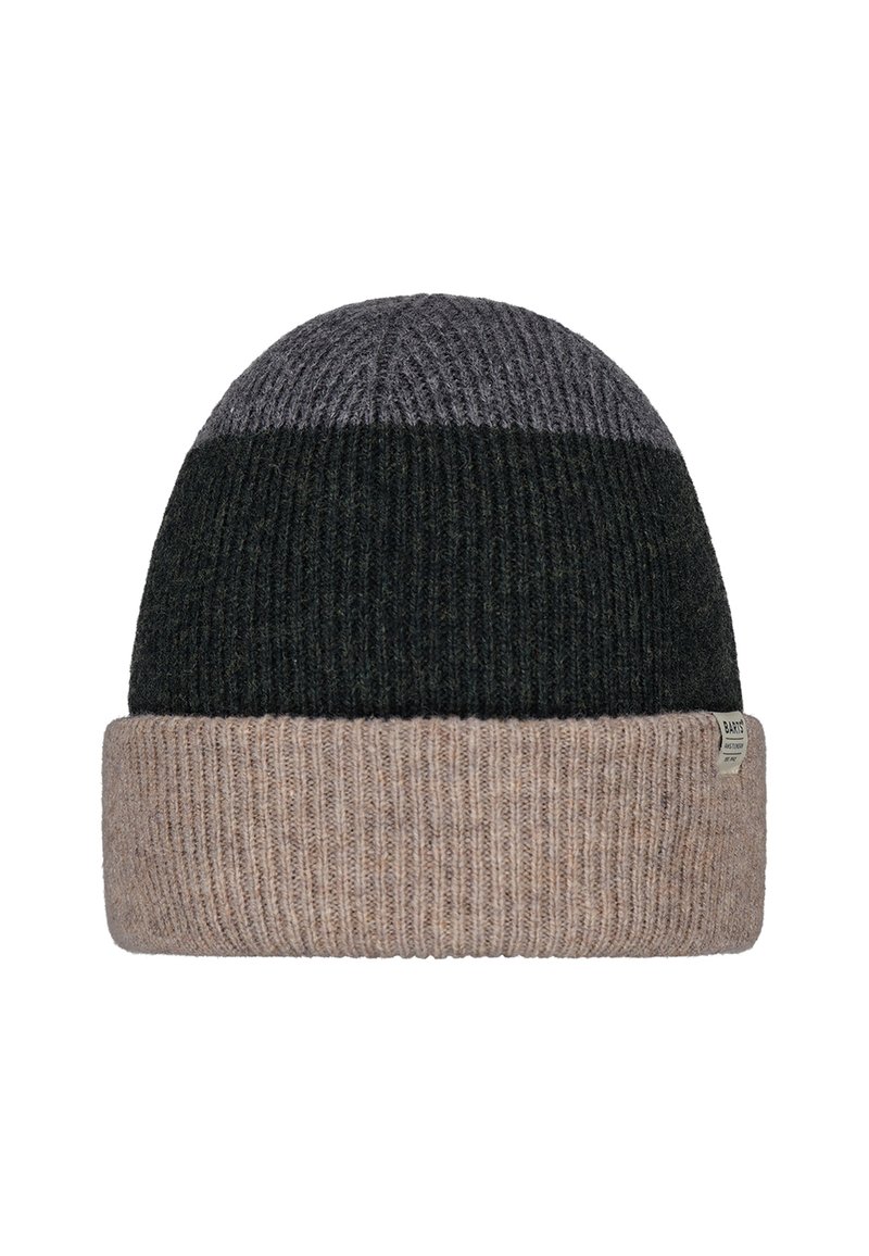Knit beanie hat with a dark green and grey top, beige ribbed cuff, soft texture, and a small label on the side.