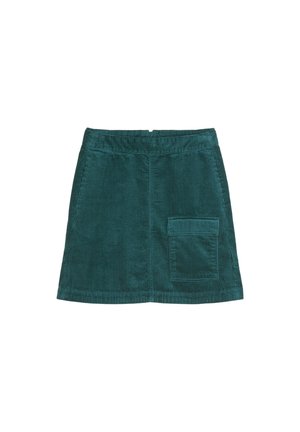 Türkisfarbener Cordrock mit texturierter Oberfläche, seitlicher Tasche und geradem Saum. Reißverschluss an der Rückseite, klassisches A-Linien-Design.