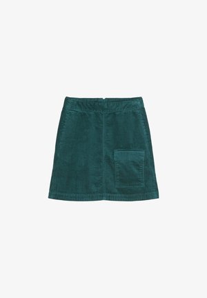 Jupe en velours côtelé bleu sarcelle avec une surface texturée, comprenant une poche latérale et un ourlet droit. Fermeture éclair à l'arrière, design classique en ligne A.