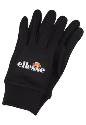 Black stretchy gloves with a snug fit, featuring an "ellesse" logo in white and a colored accent on the wrist area. Smooth texture.