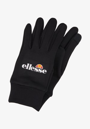 Guantes elásticos negros con un ajuste ceñido, que presentan un logo de "ellesse" en blanco y un acento de color en la zona de la muñeca. Textura suave.