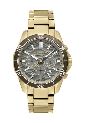 Armbanduhr von Armani Exchange in Goldoptik mit grauem strukturiertem Zifferblatt, Chronographen-Unterzifferblättern, Datumsfenster und drehbarer Lünette mit weißen Markierungen.