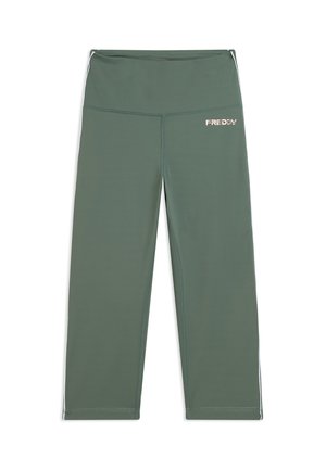 Leggings a vita alta, verde oliva, taglio corto, con strisce laterali bianche e logo "FREDDY" sulla parte superiore della coscia sinistra.