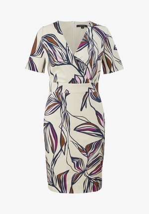 Korte mouw wikkeljurk van crème stof, met een bladeren bloempatroon in bruin, roze en marineblauw. Tailleriempje accentueert de silhouette.