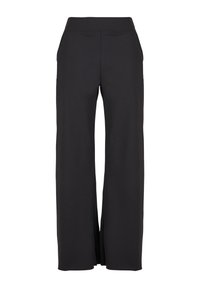 Pantaloni neri a gamba larga realizzati in un tessuto morbido, con vita alta e spacchi laterali, caratterizzati da un design essenziale senza tasche né decorazioni.