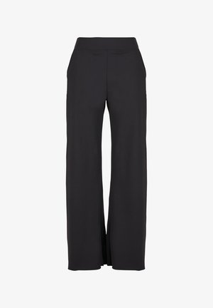 Pantaloni neri a gamba larga realizzati in un tessuto morbido, con vita alta e spacchi laterali, caratterizzati da un design essenziale senza tasche né decorazioni.