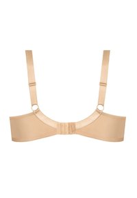 Beżowy stanik z gładkiego materiału, z regulowanymi satynowymi ramiączkami i zapięciem na haczyk. Lekka konstrukcja z bezszwowym tyłem i subtelnymi akcentami.