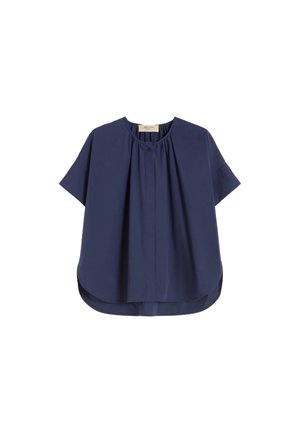 Blusa blu navy a maniche corte con scollo tondo, pieghe anteriori, dettaglio con bottoni e orlo arrotondato asimmetrico.