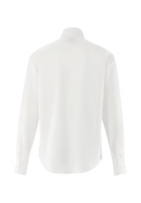 Camicia bianca a maniche lunghe, texture liscia, colletto classico, polsini con bottoni, orlo curvo, design minimalista senza motivi o accenti visibili.