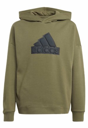Sudadera verde hecha de una tela suave, con un gran logo de goma negra de Adidas en la parte frontal, con capucha ajustable y puños acanalados.