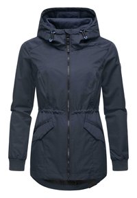 Veste bleu marine avec une fermeture éclair à l'avant, capuche avec cordon de serrage, poignets élastiques, deux poches latérales et taille cintrée pour un look ajusté.