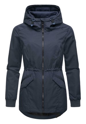 Navy blue jacket with a zip front, drawstring hood, elastic cuffs, two side pockets, and a cinched waist for a fitted look.
