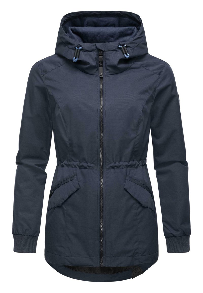 Veste bleu marine avec une fermeture éclair à l'avant, capuche avec cordon de serrage, poignets élastiques, deux poches latérales et taille cintrée pour un look ajusté.