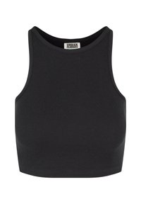 Zwarte geribbelde crop top met een mouwloos ontwerp. Heeft een ronde halslijn en een gladde textuur. Label zichtbaar binnenin de halslijn.