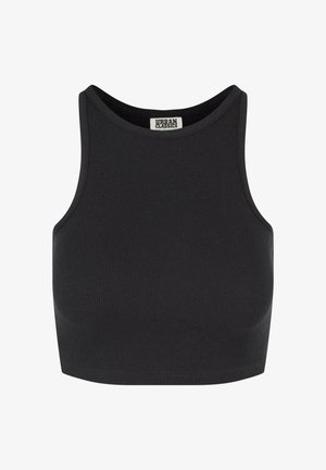 Čierny rebrovaný crop top bez rukávov. Má zaoblený výstrih a hladkú textúru. Na vnútornej strane výstrihu je viditeľná etiketa.