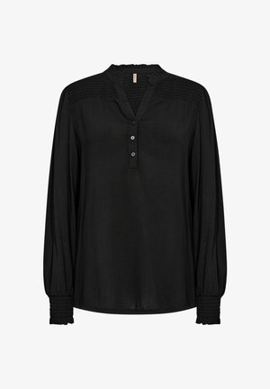 Czarna bluzka z długim rękawem, dekoltem w kształcie litery V, z zapięciem na guziki, z marszczonymi detalami na ramionach i mankietach oraz gładką fakturą materiału.