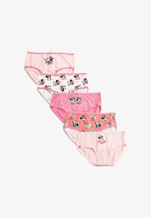 Six pairs of girls' cotton underwear in pink tones, featuring Minnie Mouse designs, bows, and various patterns. Soft, elastic waistband.