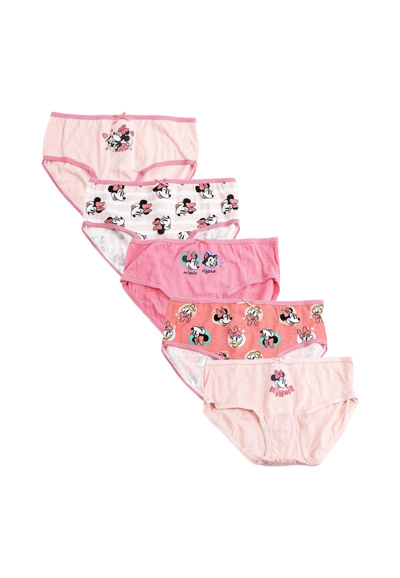 Six paires de sous-vêtements en coton pour filles dans des tons de rose, présentant des motifs de Minnie Mouse, des nœuds et divers motifs. Ceinture douce et élastique.
