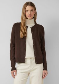 Brązowy sweter z dzianiny, z okrągłym dekoltem, z przodu z guzikami i ściągaczami na mankietach. Stylizowany na jasny golf i kremowe spodnie.