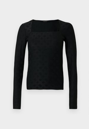 Schwarzes Langarmoberteil mit quadratischem Ausschnitt und durchgehendem strukturiertem Muster. Hergestellt aus glattem Material, mit figurbetonter Silhouette.