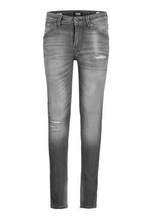 Grijs denim skinny jeans met een vervaagde wassing, lichte slijtage bij de knieën en een klassiek ontwerp met vijf zakken. De stof heeft een gladde textuur.