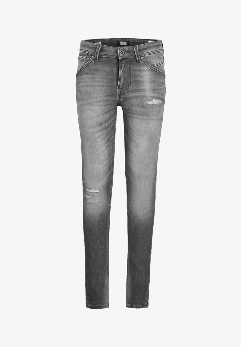 Jean skinny en denim gris avec un effet délavé, légère usure aux genoux et un design classique à cinq poches. Le tissu a une texture lisse.
