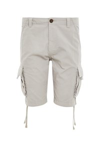Lichtgrijze cargoshorts van katoen. Kenmerken zijn onder andere zijzakken, verstelbare trekkoorden en een knoopsluiting bij de taille.