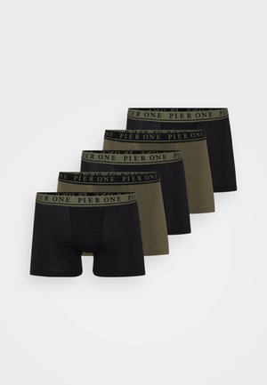 Five pairs of boxer briefs in black and olive green, featuring elastic waistbands with "PIER ONE" branding. Smooth, stretchy fabric.