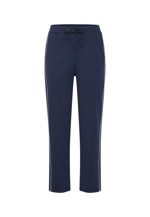 Pantalon de survêtement bleu marine en tissu doux, doté d'une taille élastique avec cordon de serrage, de deux poches latérales et de bandes contrastantes sur les côtés.