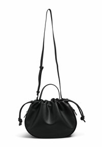 Borsa in pelle nera a forma arrotondata, con una parte superiore arricciata, tracolla regolabile e doppi manici per opzioni di trasporto versatili.