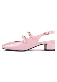 Pink patent leather slingback shoe with a pointed toe, two adjustable buckles, and a low square heel. Smooth texture and minimalist design.