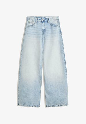 Světle modré široké džíny s vysokým pasem, předními knoflíky, zipem, poutky na opasek a designem s pěti kapsami.