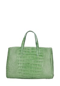 Borsa tote in pelle verde con effetto coccodrillo, con due manici superiori, forma rettangolare, superficie testurizzata e chiusura con zip. Nessun ulteriore accento.