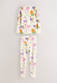 Ensemble de pyjama en coton crème avec des personnages de dessins animés colorés et des motifs floraux, manches longues et taille élastique pour le confort.