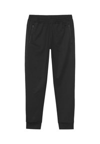 Pantalones jogger negros hechos de tejido elástico, con dos bolsillos laterales con cremallera, una cintura elástica y puños acanalados en los tobillos.