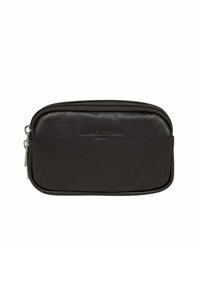 Borsa nera in pelle con cerniera, con logo "LANCASTER PARIS" in rilievo sulla parte frontale e tirazip in metallo argentato.