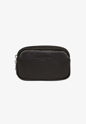 Schwarze Leder-Reißverschlusstasche mit geprägt "LANCASTER PARIS"-Logo auf der Vorderseite und silberfarbigen Metall-Reißverschlussanhängern.