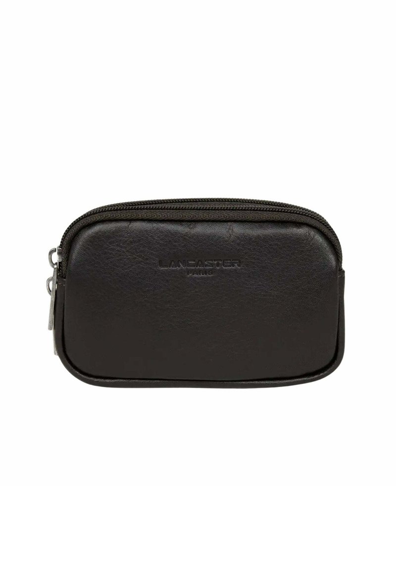 Borsa nera in pelle con cerniera, con logo "LANCASTER PARIS" in rilievo sulla parte frontale e tirazip in metallo argentato.