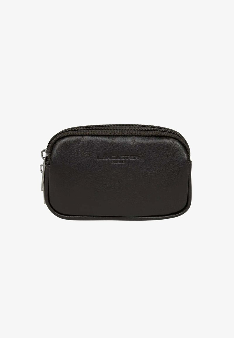 Borsa nera in pelle con cerniera, con logo "LANCASTER PARIS" in rilievo sulla parte frontale e tirazip in metallo argentato.