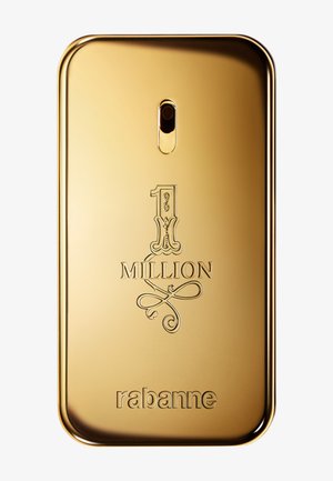 Gold rectangular perfume bottle with rounded edges, embossed text "1 Million" and "rabanne," spray nozzle at the top center.