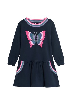 Laivastonsininen mekko, jossa on pitkät hihat ja värikäs perhoskuvio edessä. Kauluksessa ja taskuissa on raidalliset korostukset.