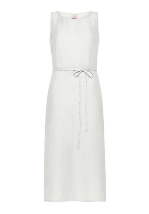 Rochie albă din in, cu design fără mâneci, talie înnodată și curea legată. Prezintă o siluetă simplă, dreapt ă și o textură netedă.