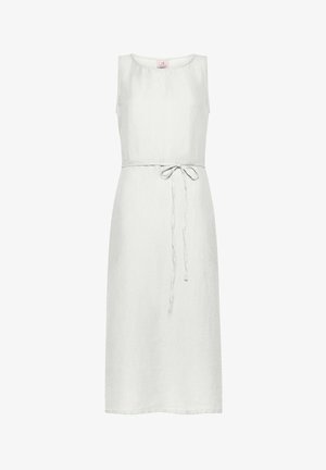 Rochie albă din in, cu design fără mâneci, talie înnodată și curea legată. Prezintă o siluetă simplă, dreaptă și o textură netedă.