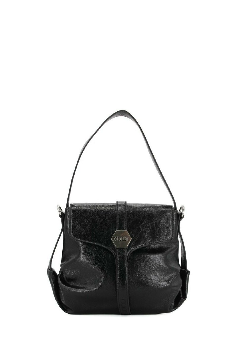 Borsa a tracolla nera in pelle con finitura texturizzata. Presenta una chiusura con patta frontale, una tracolla regolabile e dettagli in hardware esagonale.