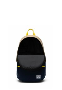 Sac à dos avec dessus beige, bas bleu marine, poignée et tirette de fermeture éclair jaune, compartiment principal ouvert, écusson du logo Herschel sur la poche avant.