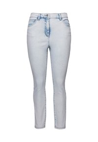 Světle modré skinny džínsy vyrobené z denimu, s přiléhavým střihem, pěti kapsami a jemným vyblednutím po celé tkanině.